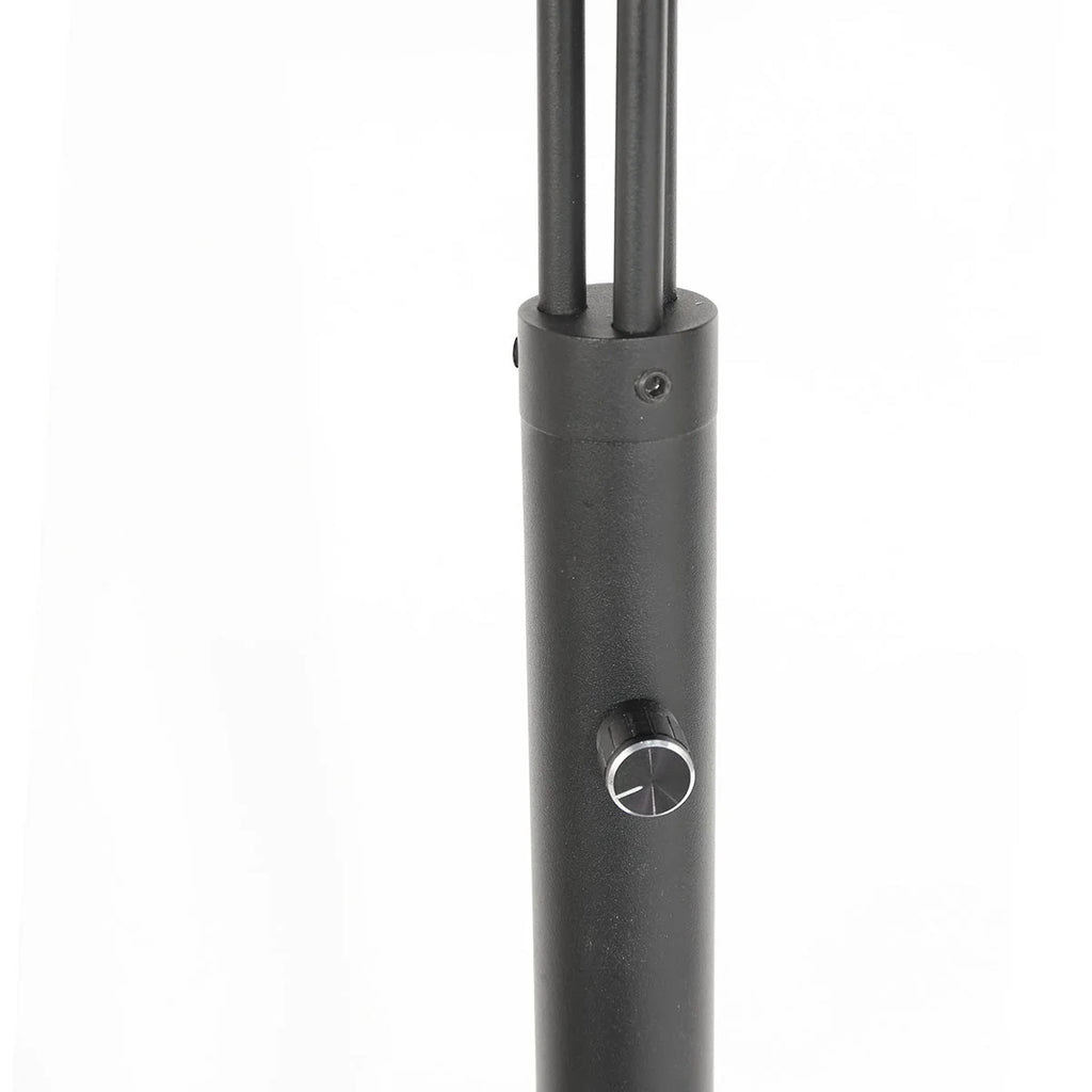 Base en métal noir cylindrique avec molette argentée, tiges verticales pour lampadaire arqué 3 bras