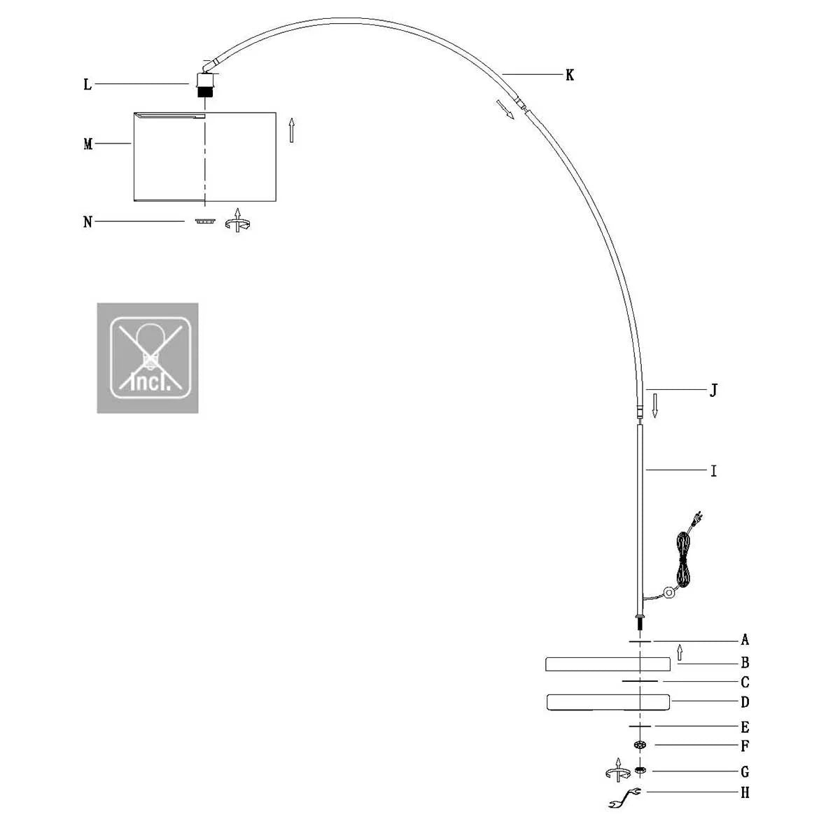 Lampe arqué en métal noir avec abat-jour tressé ajouré, H185 cm