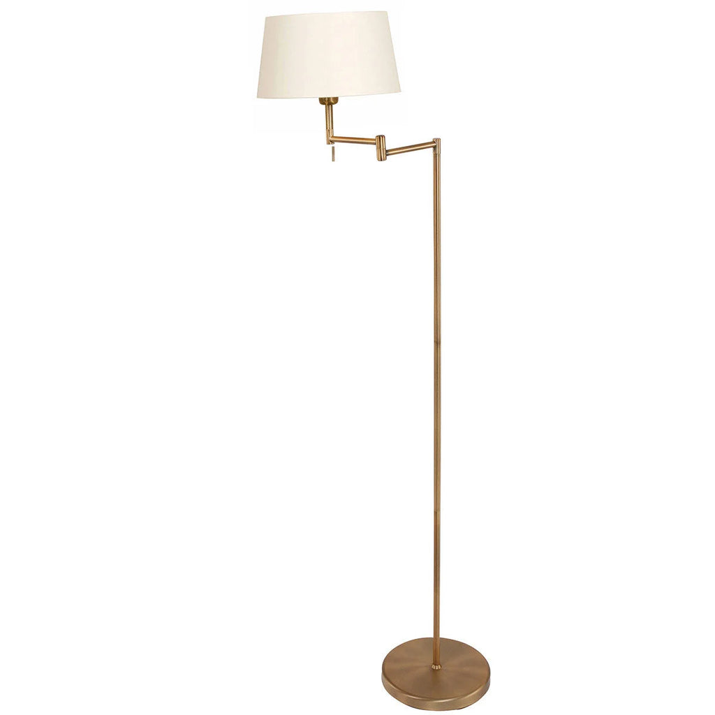 Lampadaire en laiton brossé avec bras pivotant et abat-jour tissu blanc H154 cm