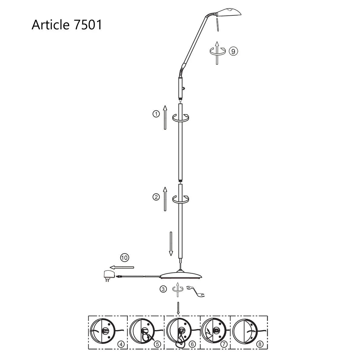 Diagramme d’assemblage du lampadaire en métal brossé bras articulé H50 cm pour lecture