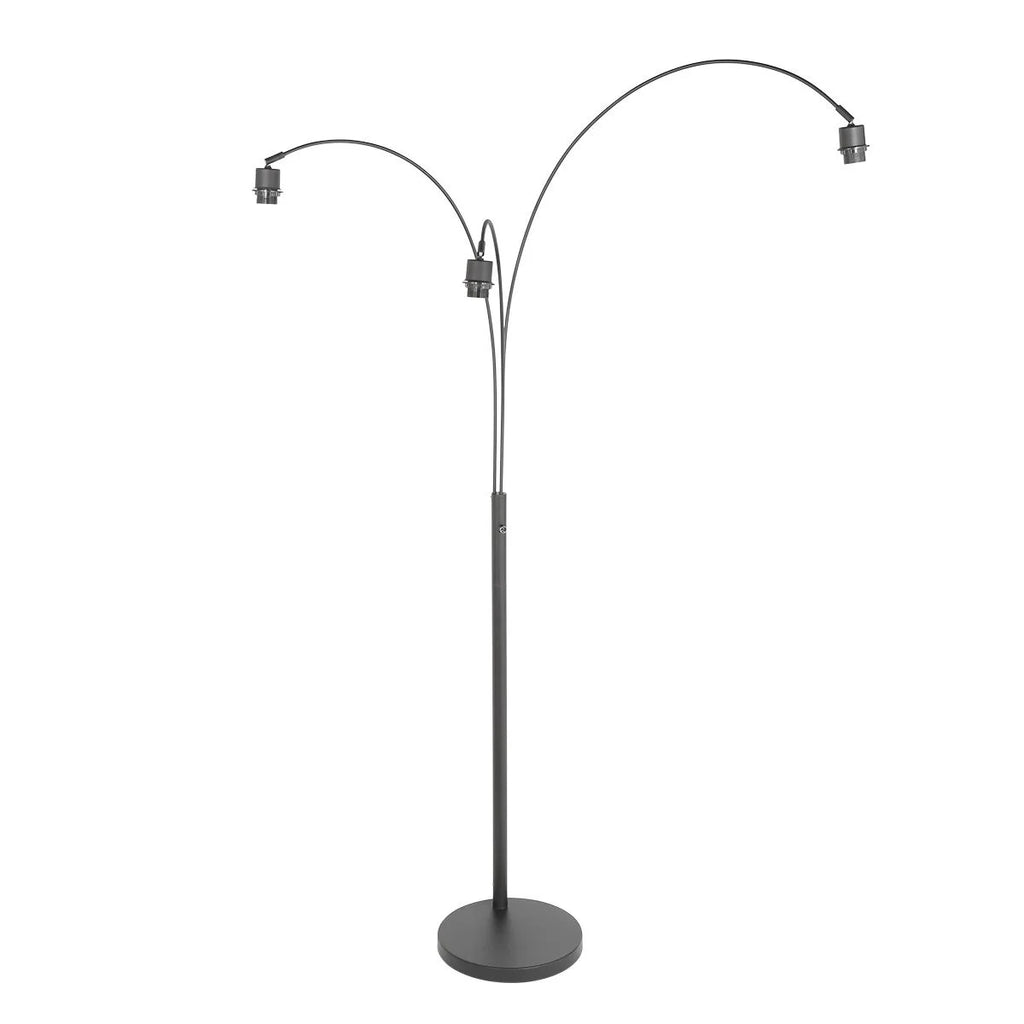 Lampadaire en métal noir à 3 bras courbés avec abat-jour en cannage naturel