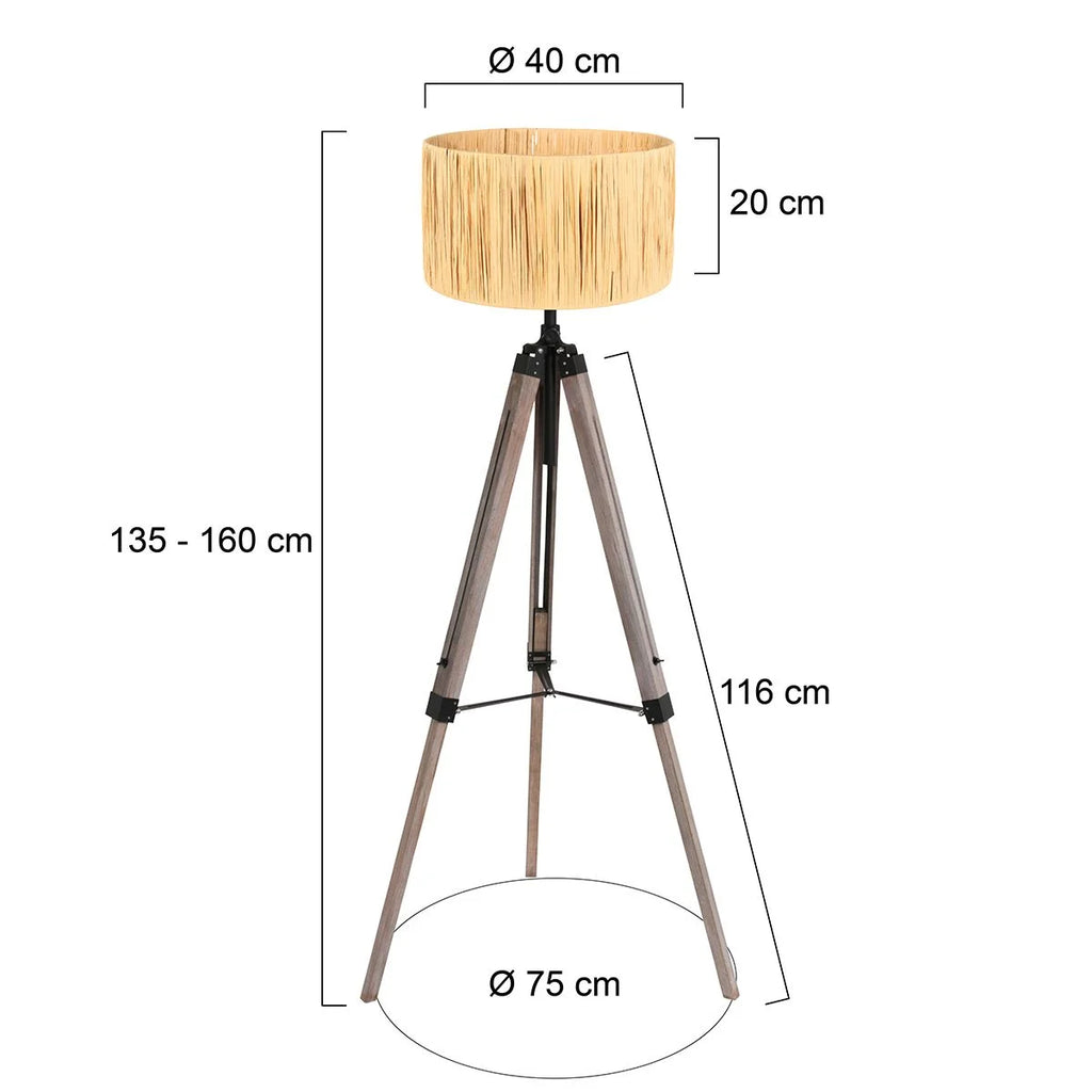 Lampadaire trépied en bois naturel avec abat-jour tressé H170 cm