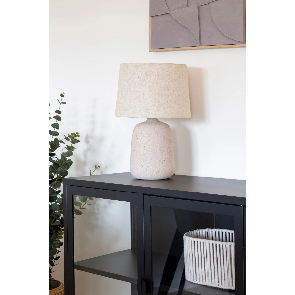 Lampe à poser effet pierre beige avec abat-jour en tissu chiné H47 cm