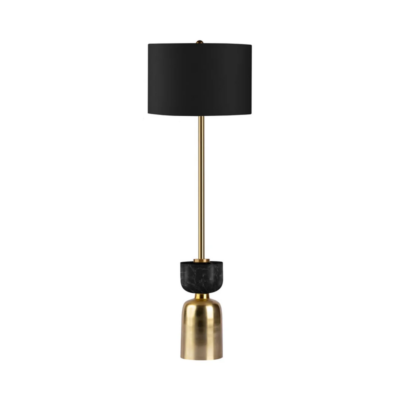 Lampe à poser en marbre noir et laiton brossé avec abat-jour tissu – H127 cm
