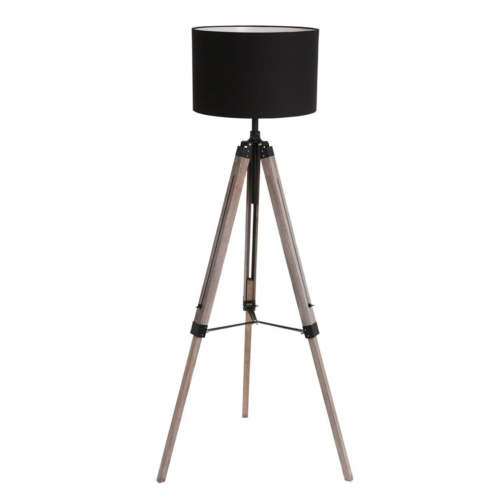 Lampadaire sur pied trépied en bois avec abat-jour en tissu noir H165 cm