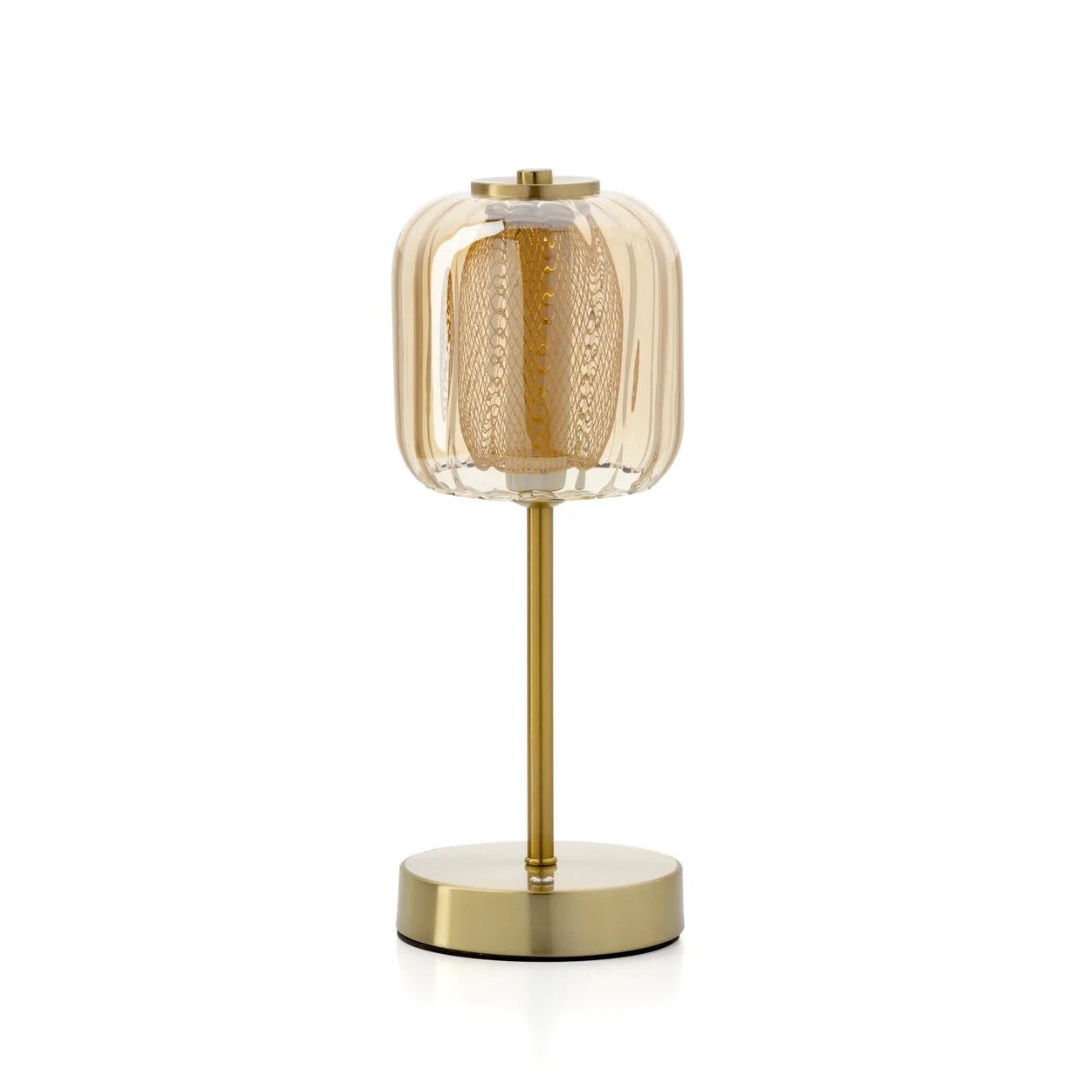 Lampe de table en laiton brossé et verre ambré nervuré, H32 cm