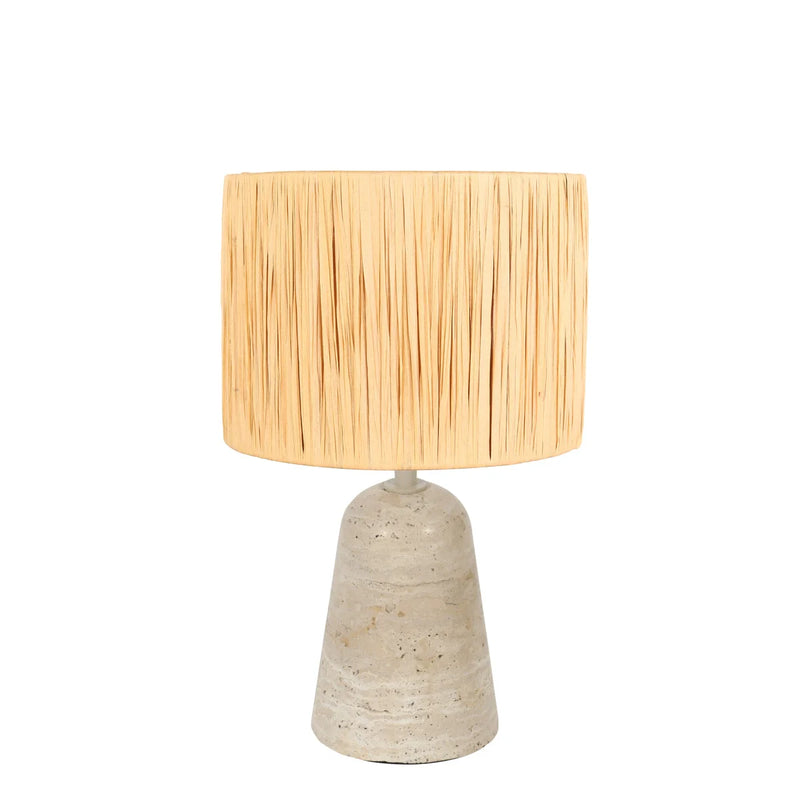 Lampe en travertin et fibres naturelles beige pour table ou chevet – H34 cm