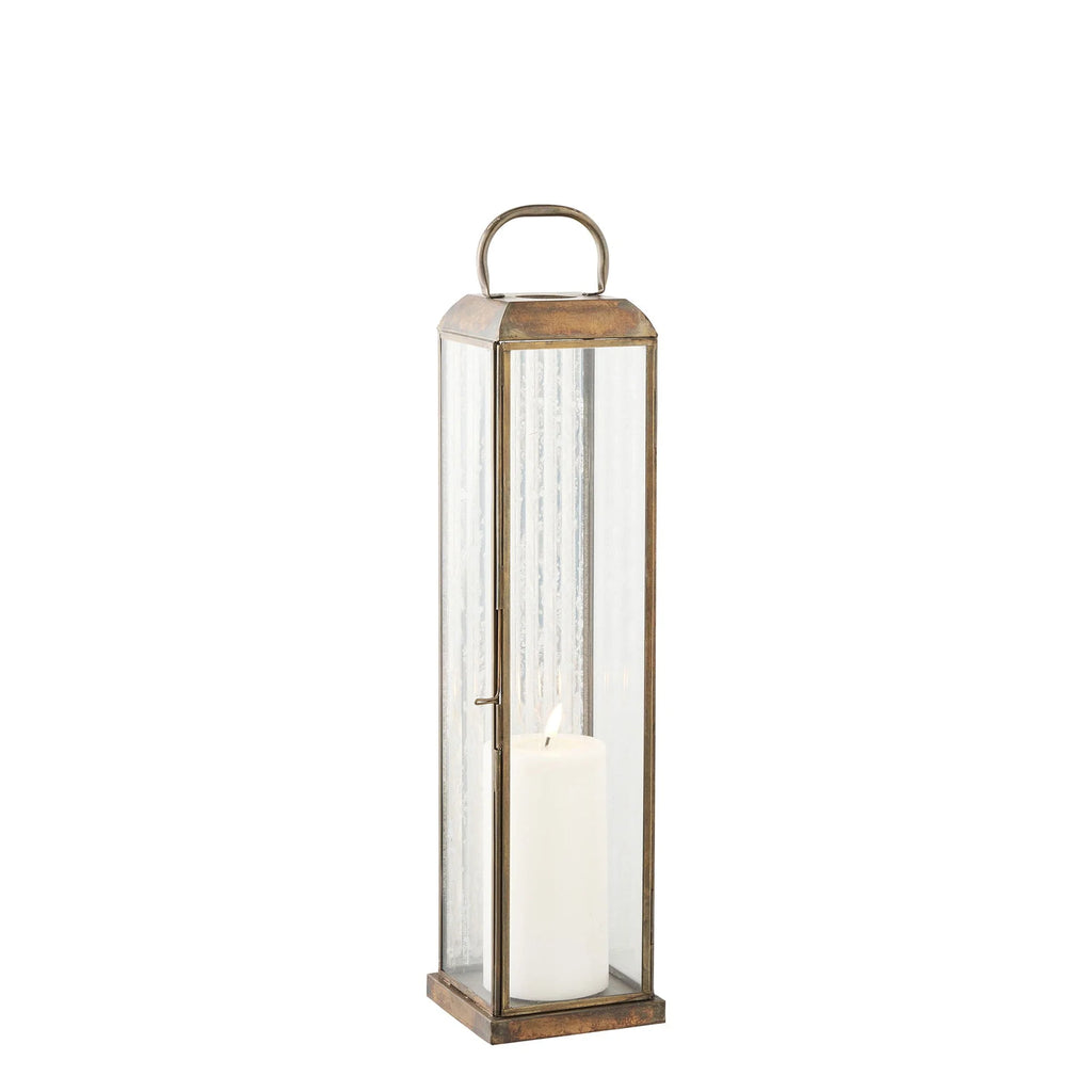 Lanterne en métal vieilli et verre strié avec anse, H49 cm
