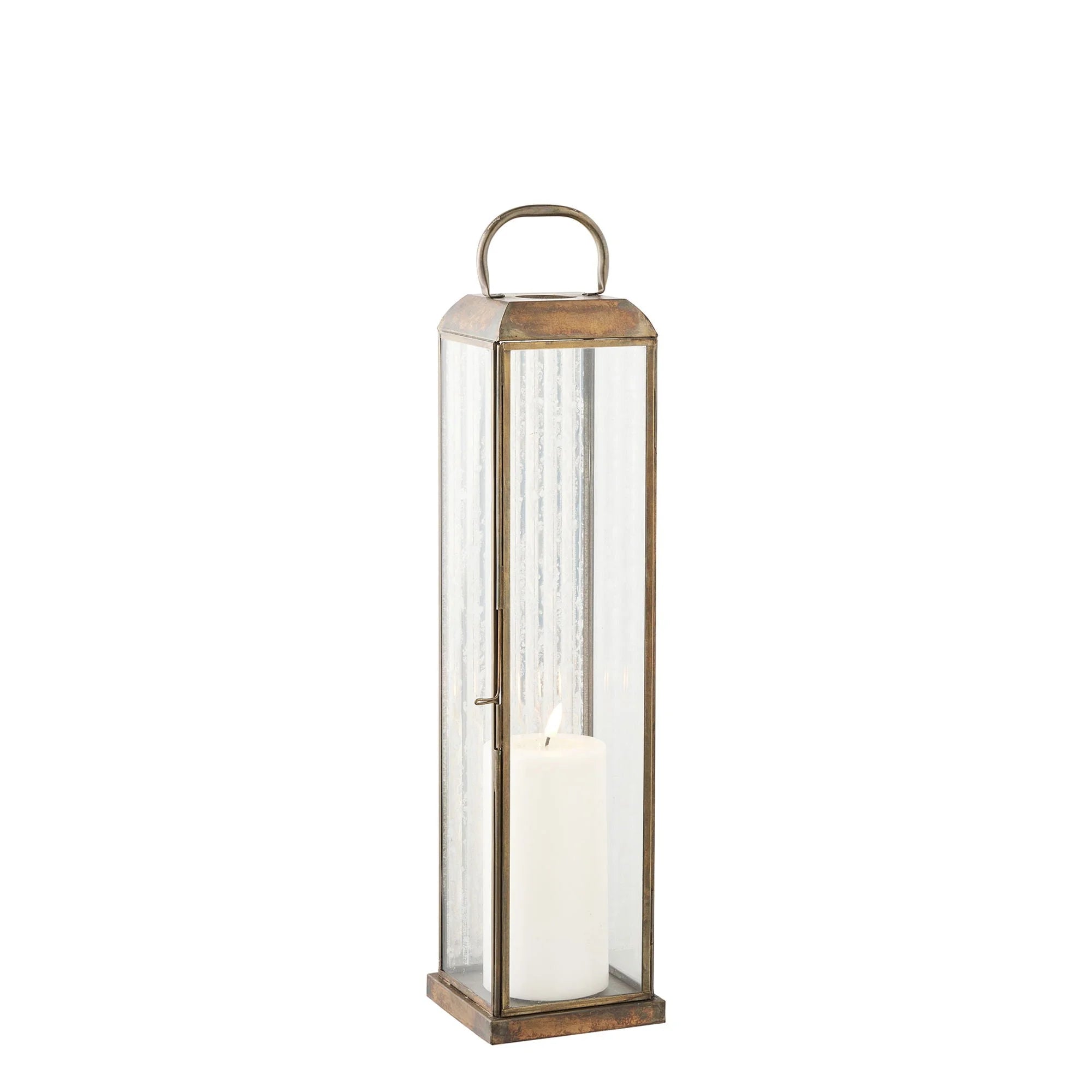 Lanterne en métal vieilli et verre strié avec anse, H49 cm