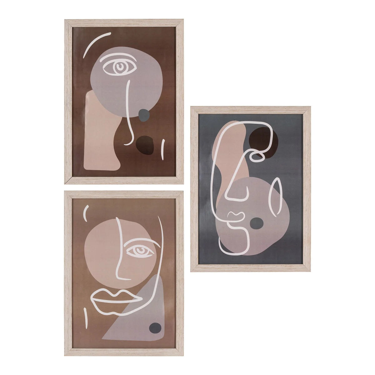 Lot de 3 cadres en MDF et verre, visages abstraits tons terre