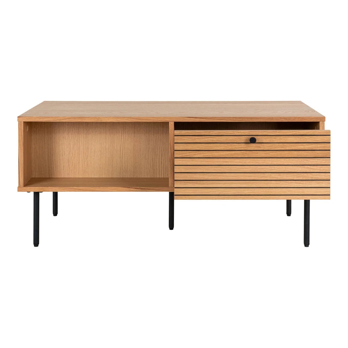 Meuble TV bas en bois clair 100x50 cm avec tiroir à lattes et niche