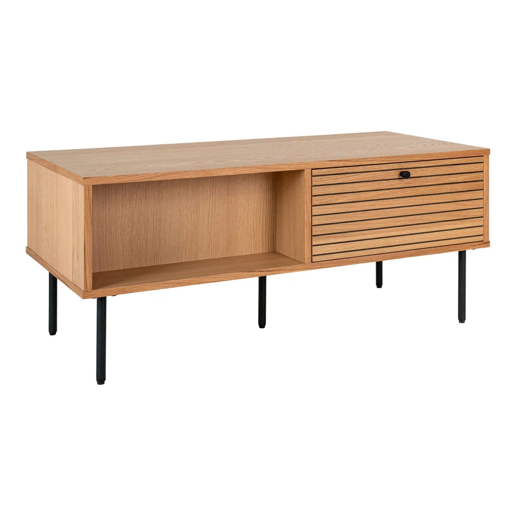 Table basse moderne en bois clair avec tiroir à lattes et pieds en métal noir