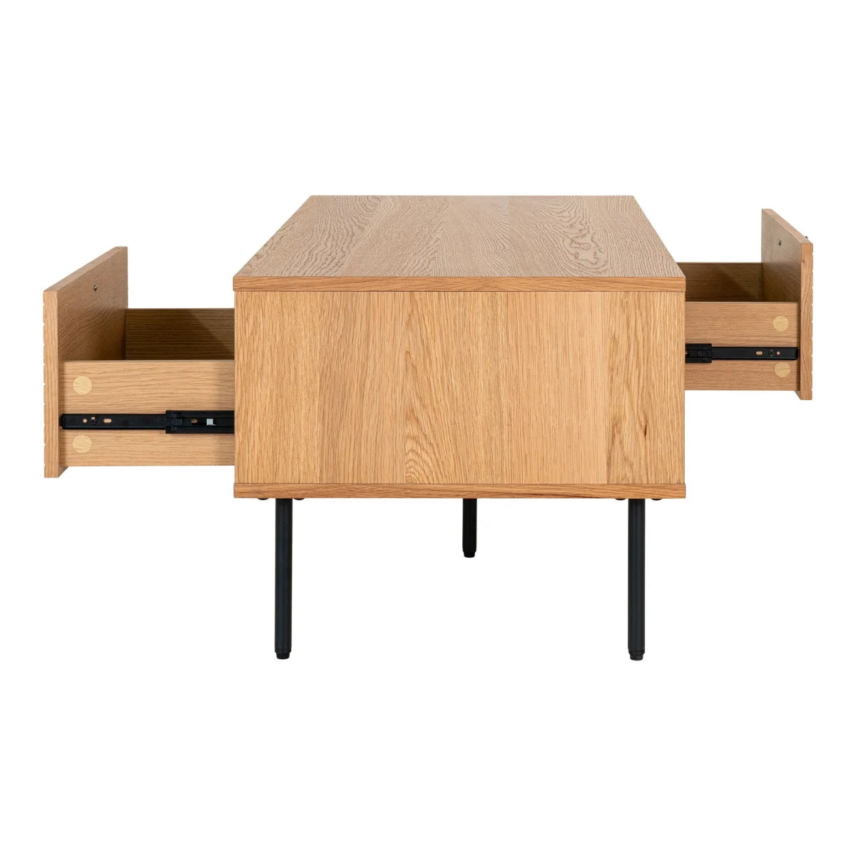 Table basse en bois clair de chêne clair avec deux tiroirs ouverts et pieds en métal noir