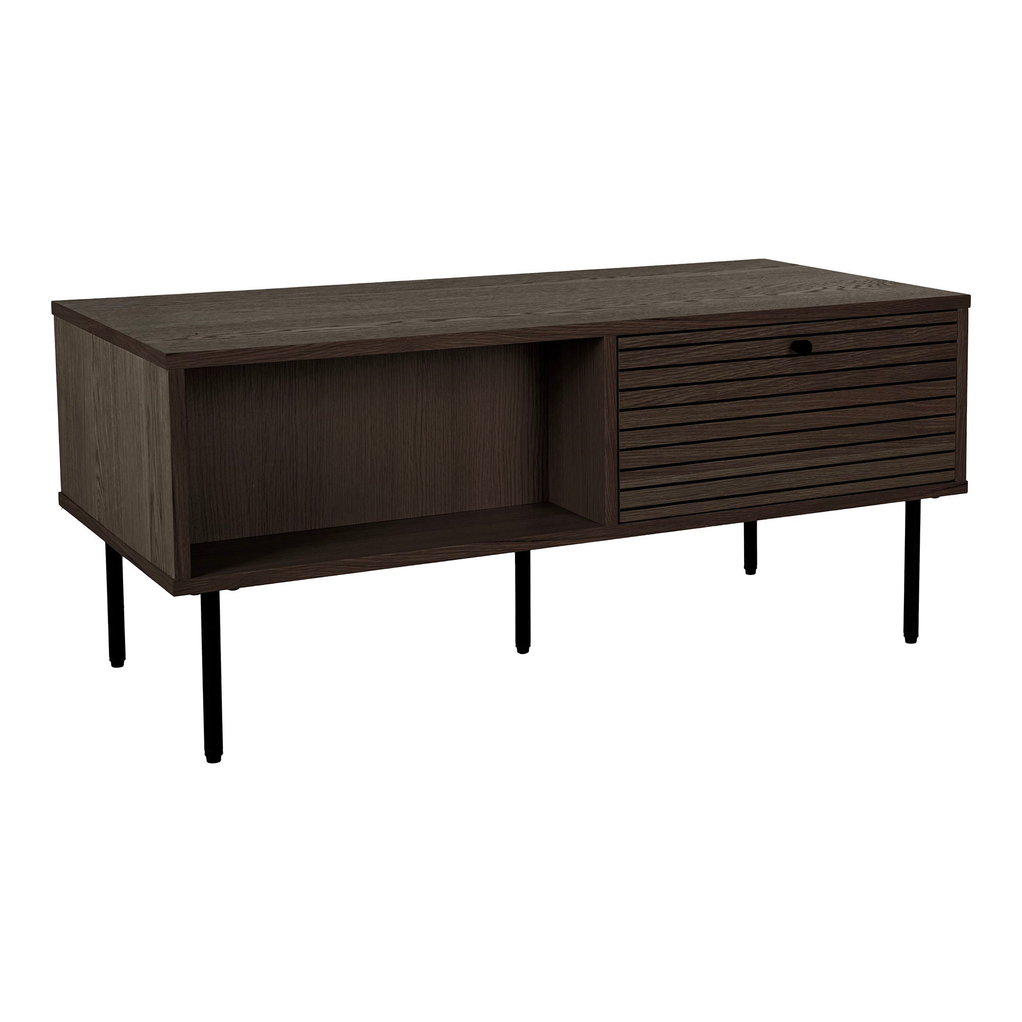 Table basse moderne en bois fumé et métal noir, 100x50 cm, avec lattes et niche