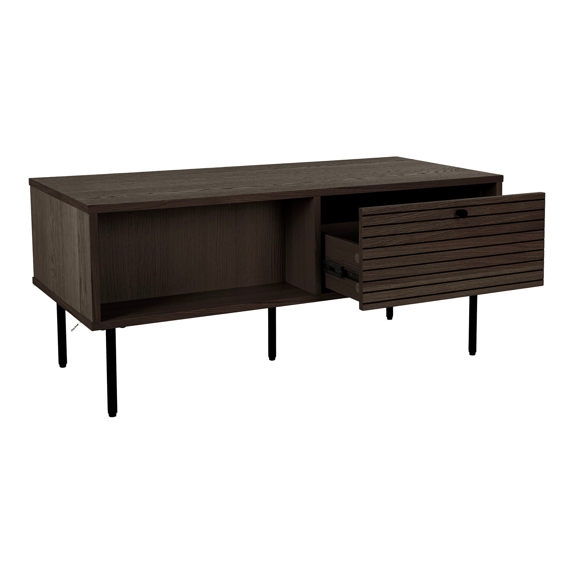 Table basse moderne en bois fumé et métal noir, façade à lattes, 100x50 cm