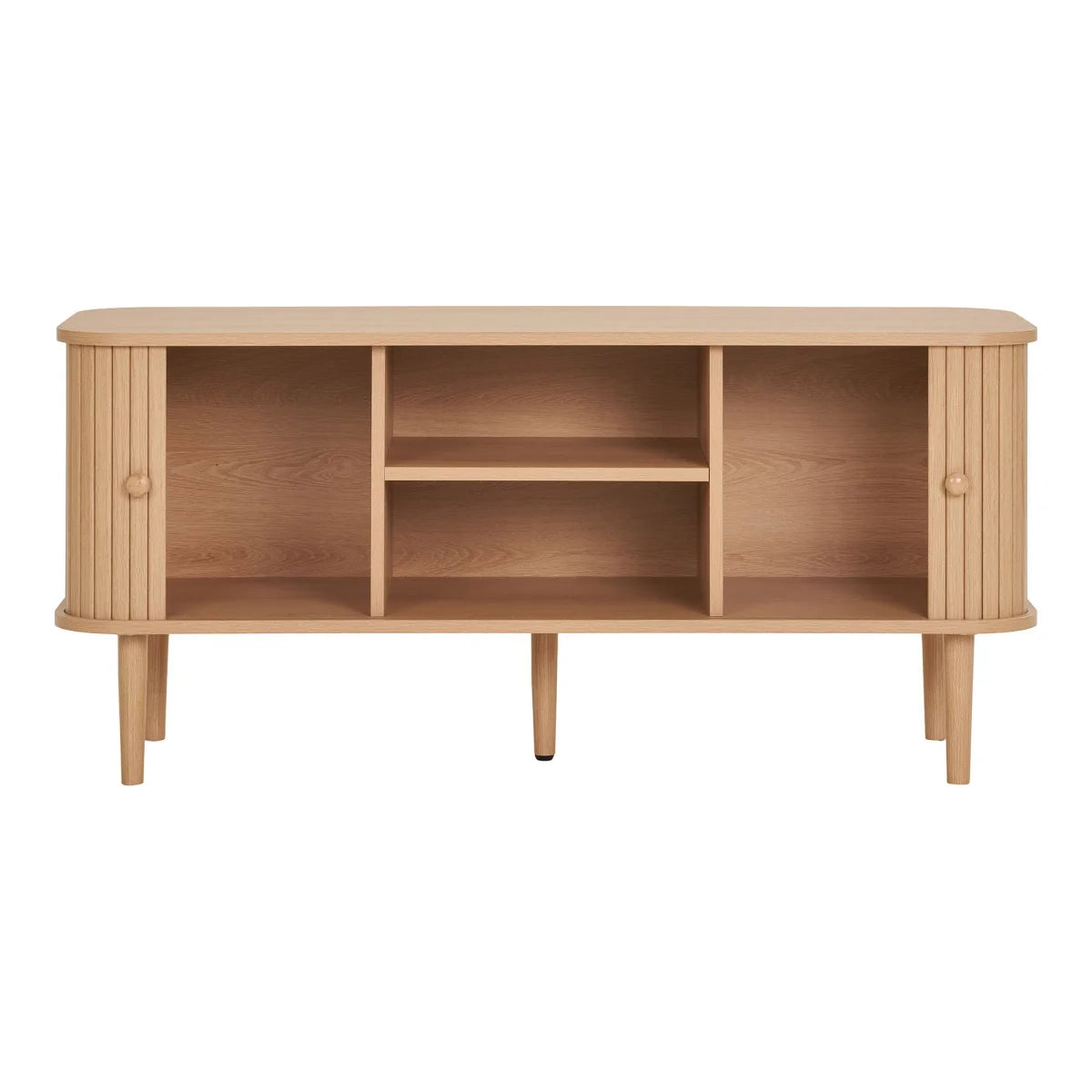 Table console en bois clair de chêne avec côtés rainurés verticaux et pieds effilés – 113x40 cm