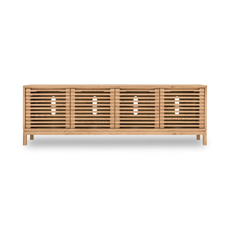 Meuble TV en frêne à lattes bois clair façades coulissantes – 198x46 cm