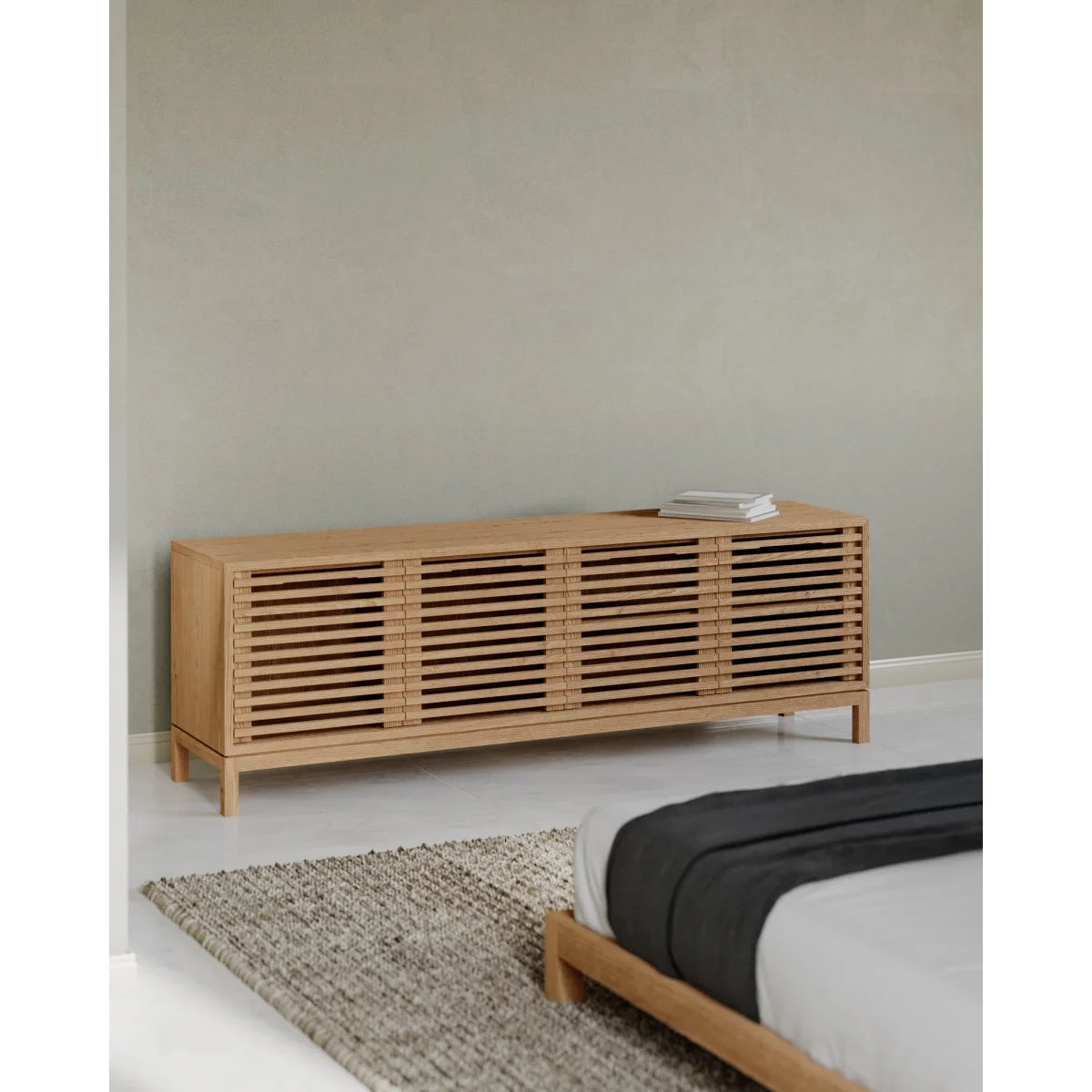 Meuble TV frêne clair lattes 198x46 cm façades coulissantes