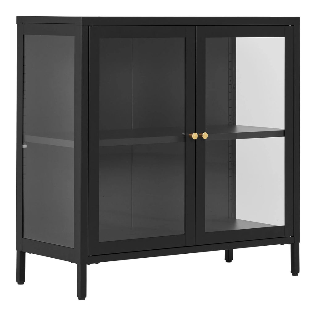 Meuble vitrine en métal noir et verre avec poignées dorées 80x35 cm