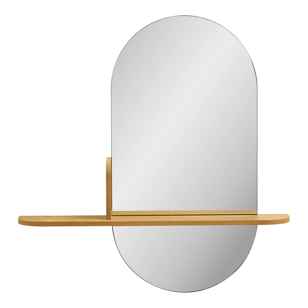 Miroir mural ovale moderne en bois clair avec étagère intégrée 92x15 cm