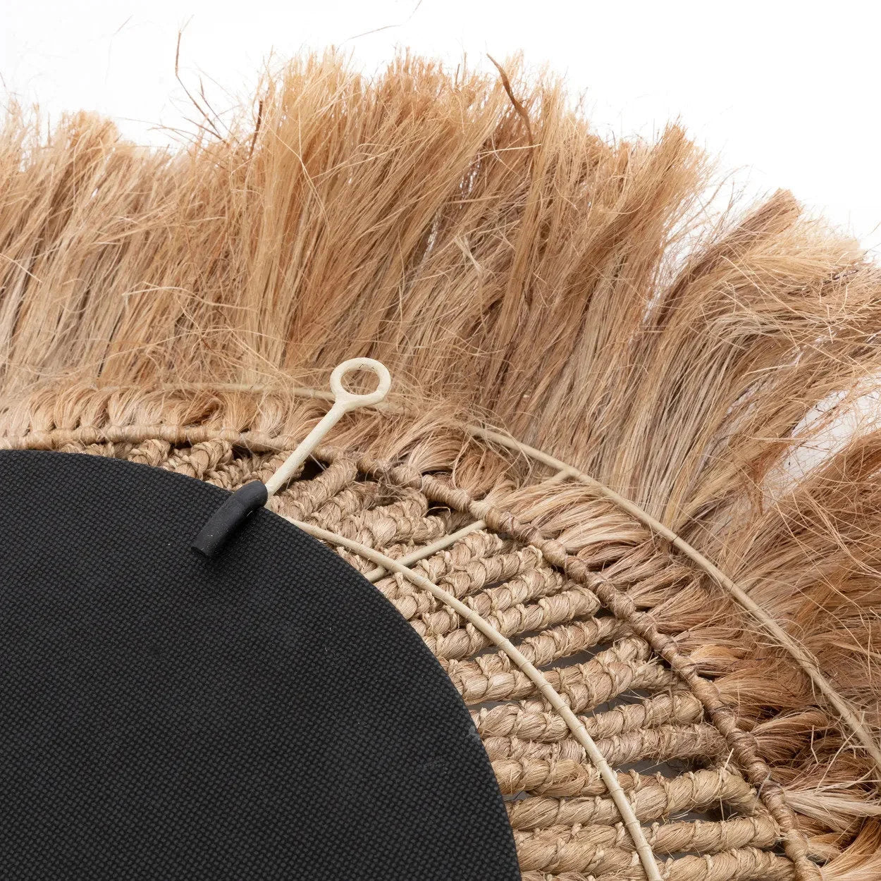 Miroir mural rond en abaca tressé bordure frangée naturel – Ø25 cm