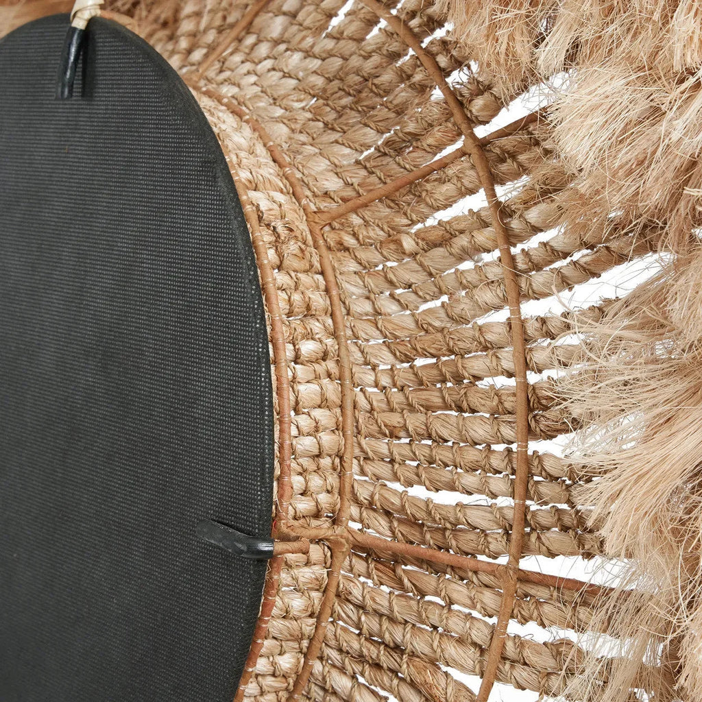 Miroir mural rond en abaca tressé bordure frangée naturel – Ø25 cm
