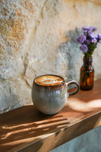 Tasse en grès gris artisanal avec latte art en forme de cœur sur étagère en bois