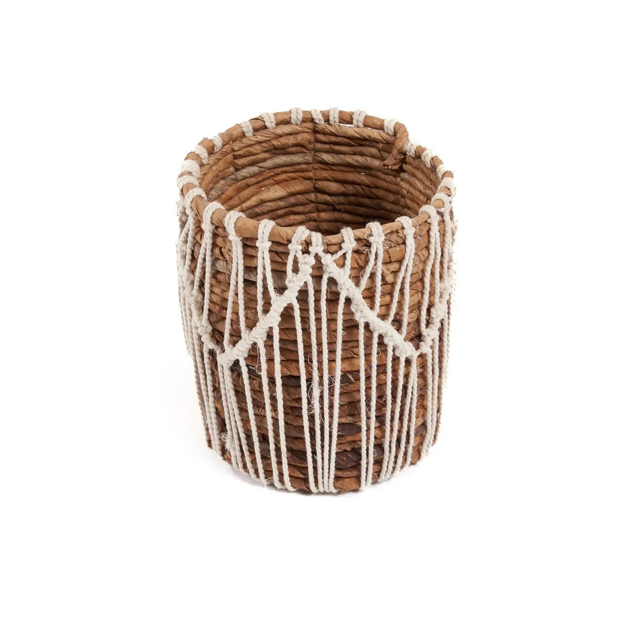 Panier en coton & feuilles de bananier avec macramé blanc naturel