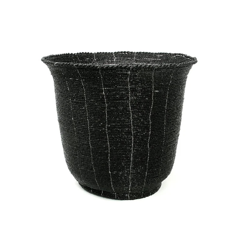 Panier décoratif en perles tressées noires forme cylindrique