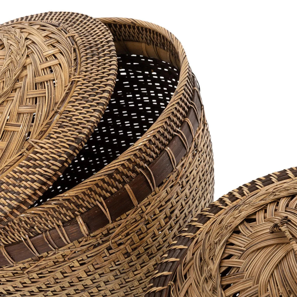 Panier de rangement cylindrique en rotin naturel avec couvercle décoratif – H45 cm