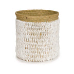 Panier de rangement en pandan et coquillages naturels blanc avec frange en coquille