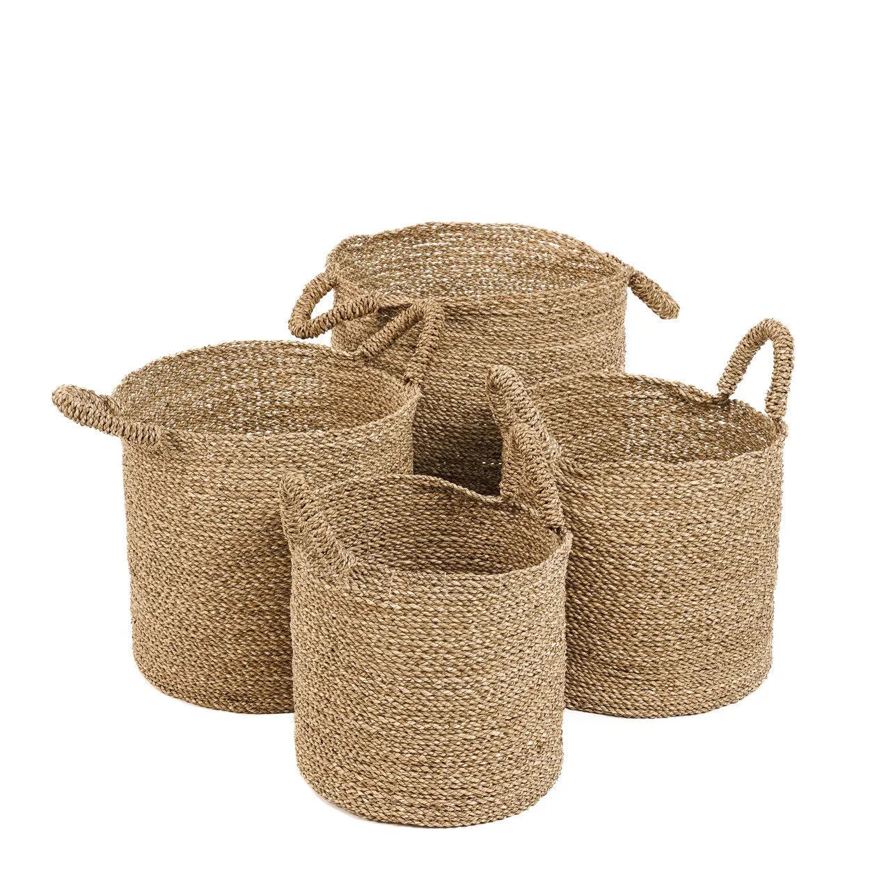 Panier de rangement rond en jonc de mer tressé naturel avec anses