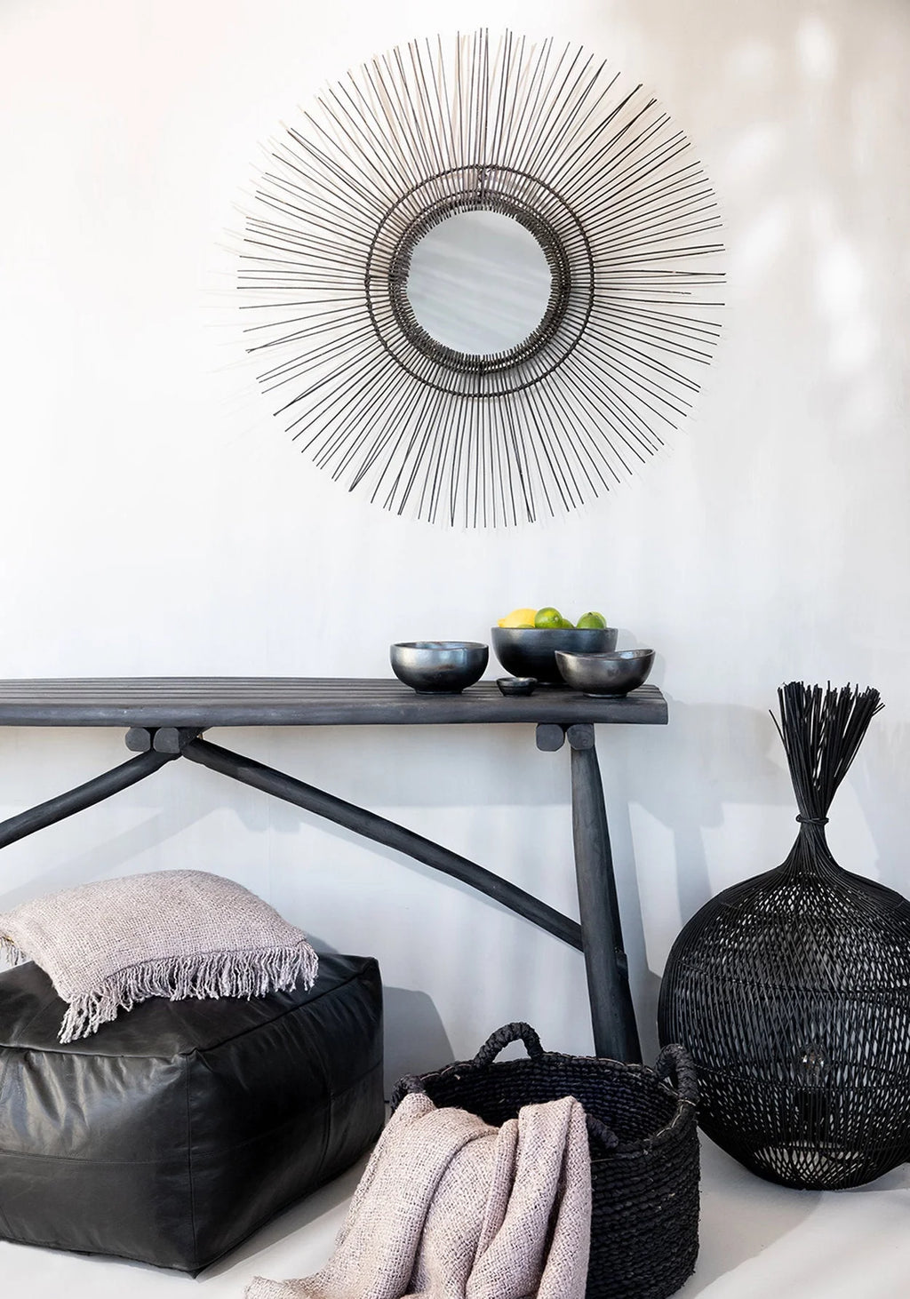 Panier de rangement rond en rotin noir avec poignées – Ø60 cm
