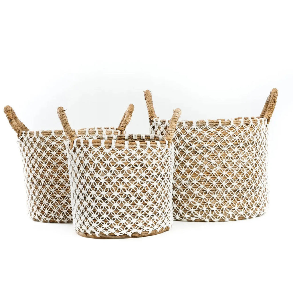 Panier rond en jonc de mer et macramé blanc avec anses – Ø39 cm