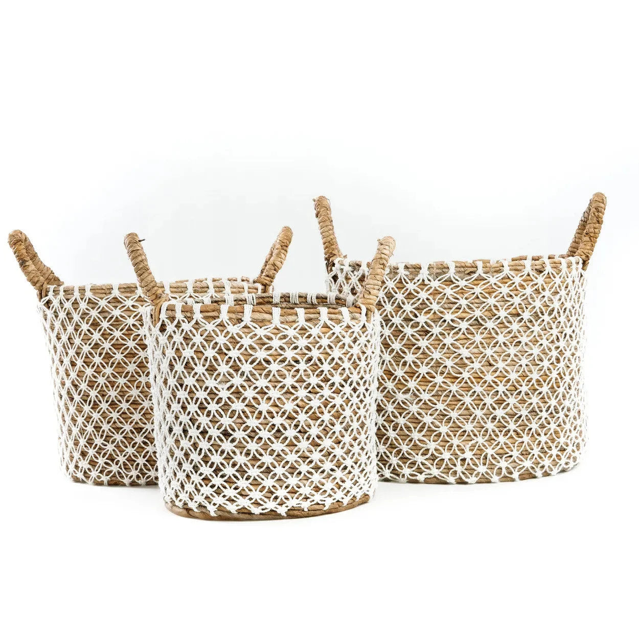 Panier rond en jonc de mer et macramé blanc avec anses – Ø39 cm