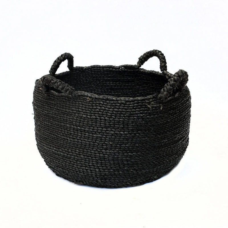 Panier rond en jonc de mer noir à anses souples – Ø52 cm