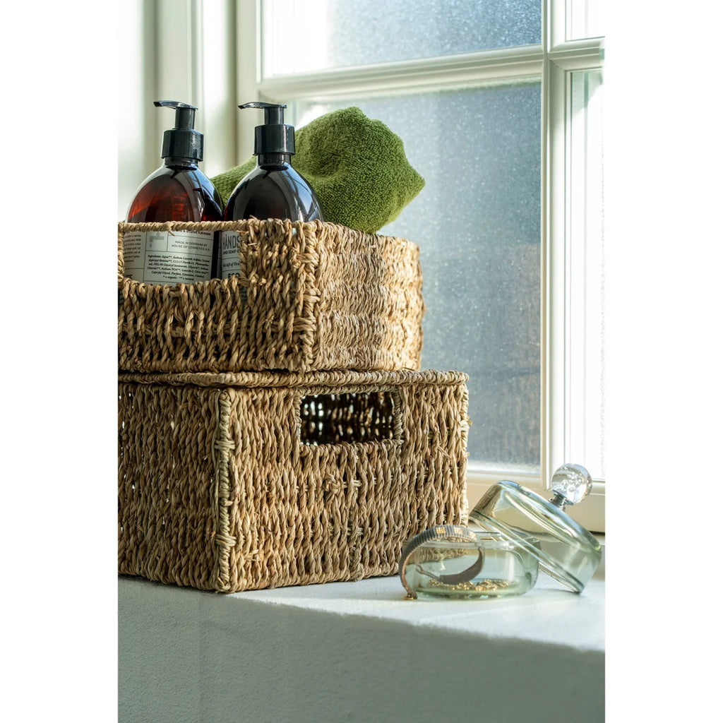 Panier rectangulaire en seagrass naturel avec couvercle et poignées, set de 2