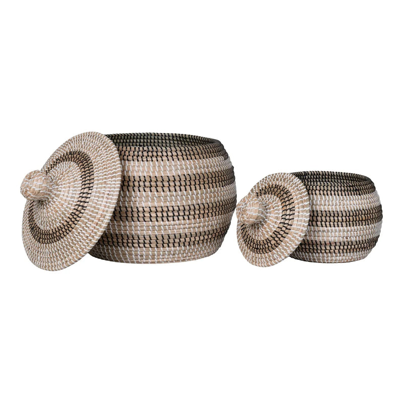 Paniers ronds en jonc de mer naturel rayé noir et blanc avec couvercle – Set de 2
