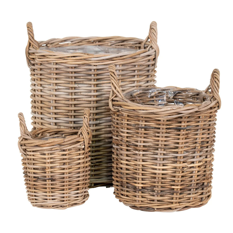 Paniers ronds en rotin naturel avec poignées et intérieur plastifié – Set de 3