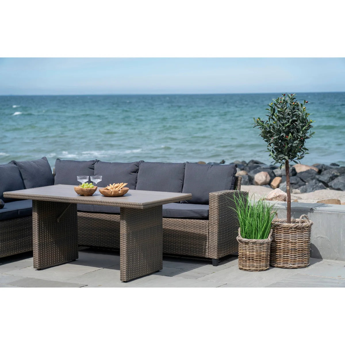 Set de 2 paniers ronds en rotin tressé gris avec anses et doublure étanche