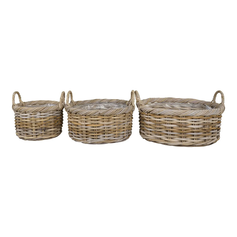 Paniers ronds en rotin tressé gris avec anses et doublure plastique – Set de 3
