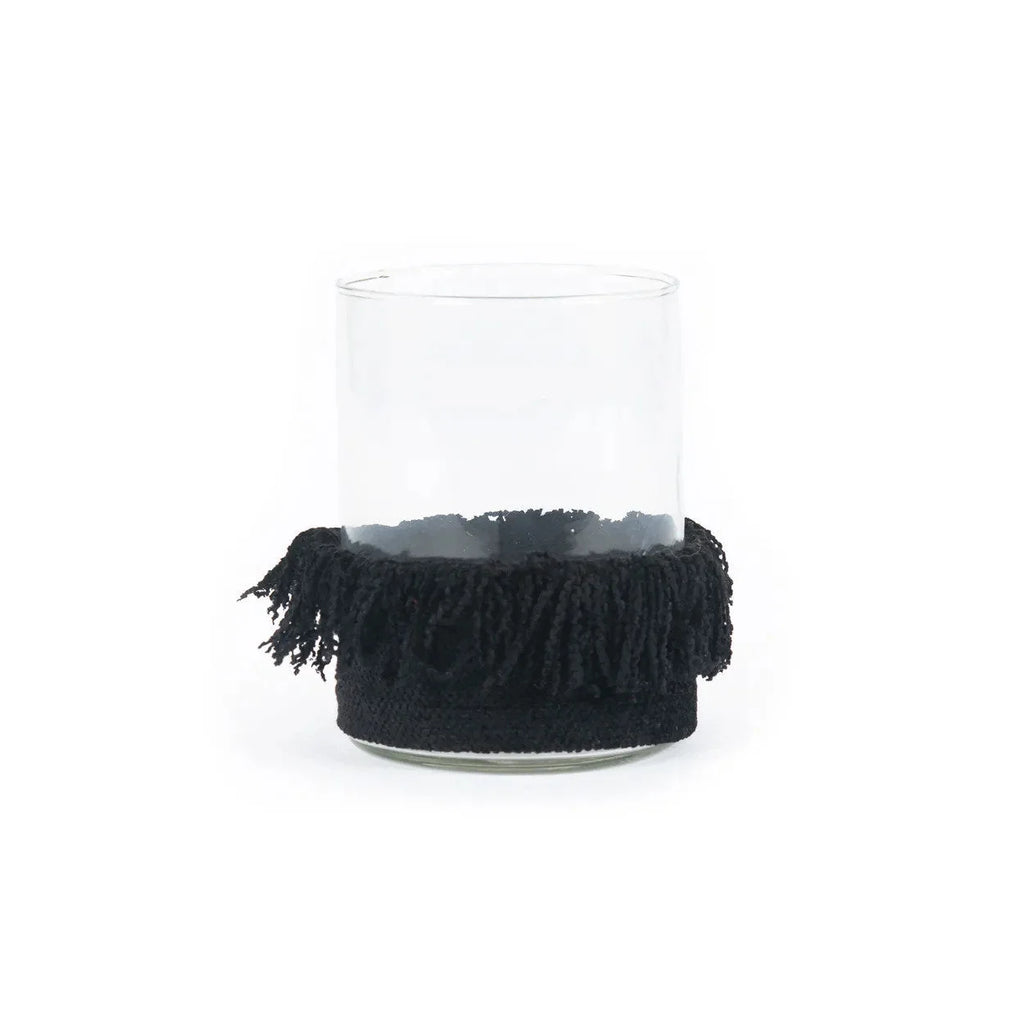 Photophore en velours noir – Franges décoratives – H13cm