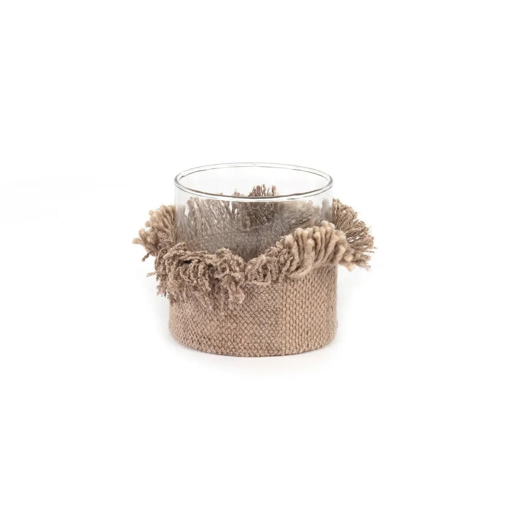 Photophore en verre base tressée beige avec franges déco chaleureuse
