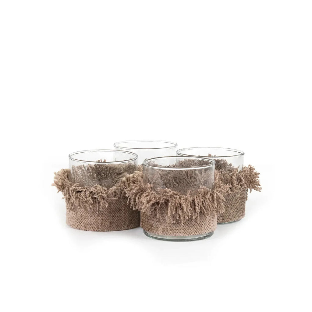 Photophore en verre base tressée beige avec franges déco chaleureuse