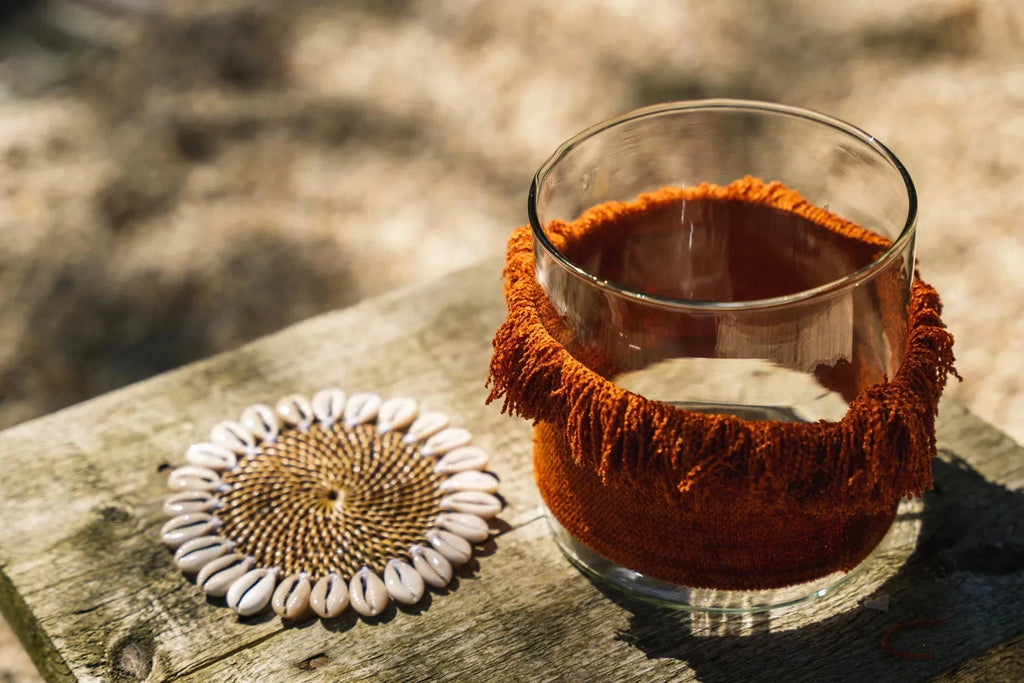 Photophore en verre clair avec franges velours rouille