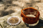 Photophore en verre clair avec franges velours rouille