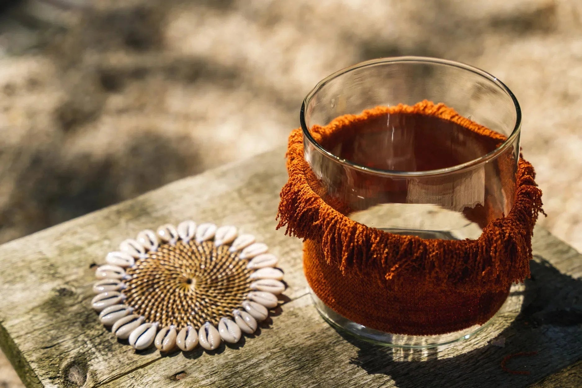 Photophore en verre clair avec franges velours rouille