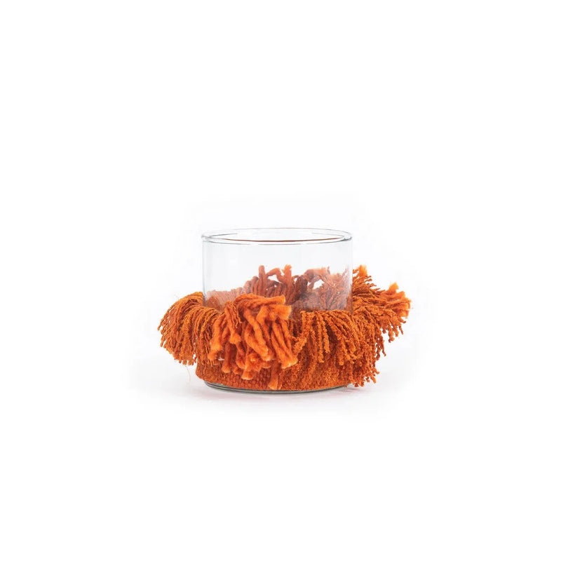 Photophore en verre avec franges velours rouille