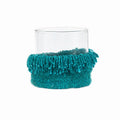 Photophore en verre tissé turquoise frangé, hauteur 15 cm