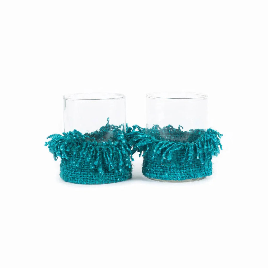 Photophore en verre turquoise à franges textile